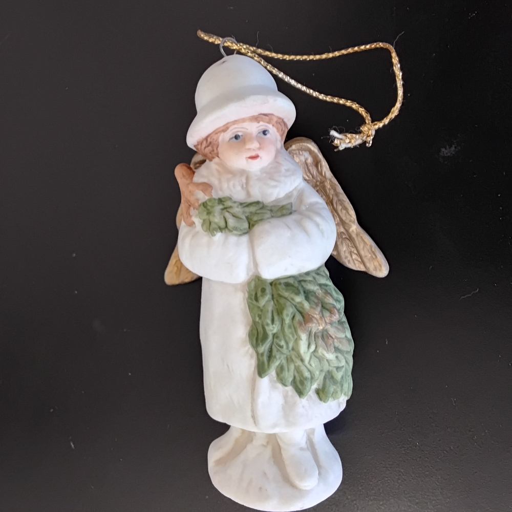 Vintage Ceramic Angel Ornament with Green Wreath By Midwest